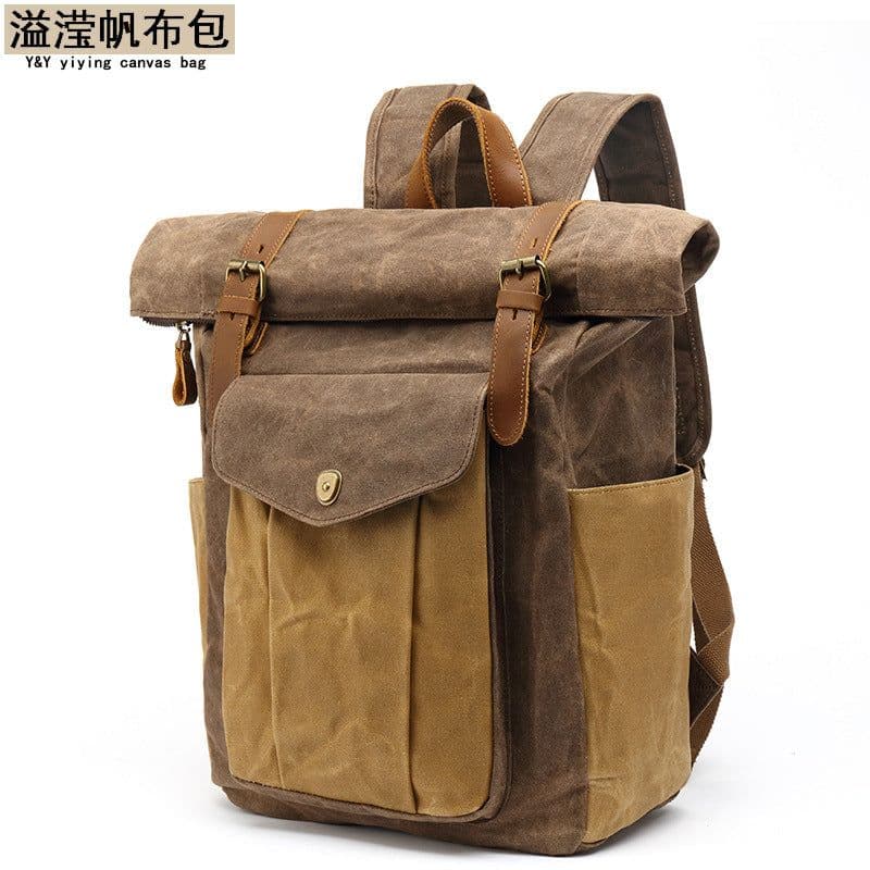 image-Men's Canvas Backpack 20-35L Water Resistant Leather Travel Bag