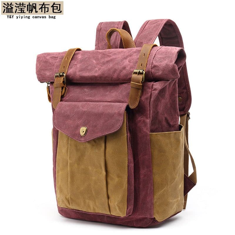 image-Men's Canvas Backpack 20-35L Water Resistant Leather Travel Bag