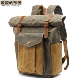 image-Men's Canvas Backpack 20-35L Water Resistant Leather Travel Bag