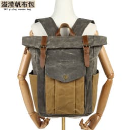 image-Men's Canvas Backpack 20-35L Water Resistant Leather Travel Bag