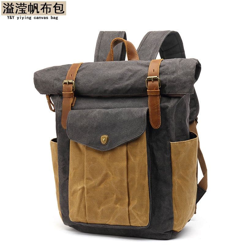 image-Men's Canvas Backpack 20-35L Water Resistant Leather Travel Bag