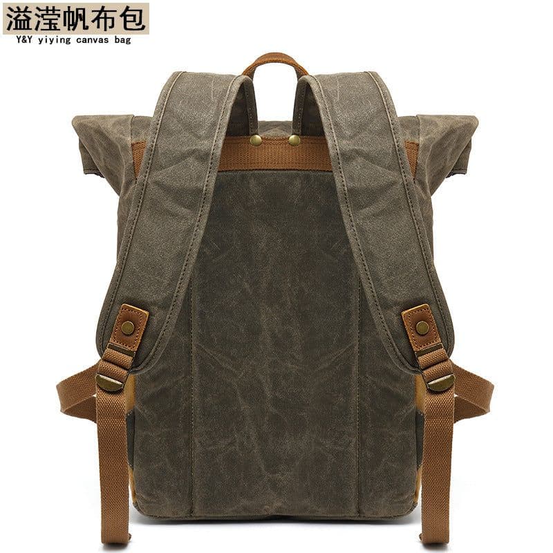 image-Men's Canvas Backpack 20-35L Water Resistant Leather Travel Bag