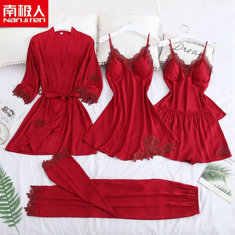 image-Antarctic Women's Ice Silk Pajama Set 5-Piece Cami Nightgown Spring