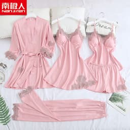 image-Antarctic Women's Ice Silk Pajama Set 5-Piece Cami Nightgown Spring