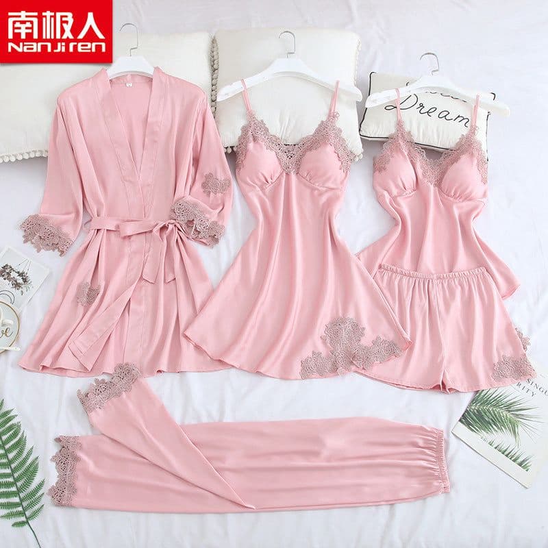 image-Antarctic Women's Ice Silk Pajama Set 5-Piece Cami Nightgown Spring