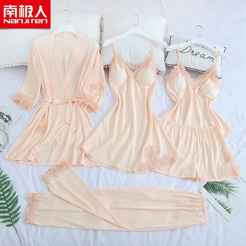 image-Antarctic Women's Ice Silk Pajama Set 5-Piece Cami Nightgown Spring