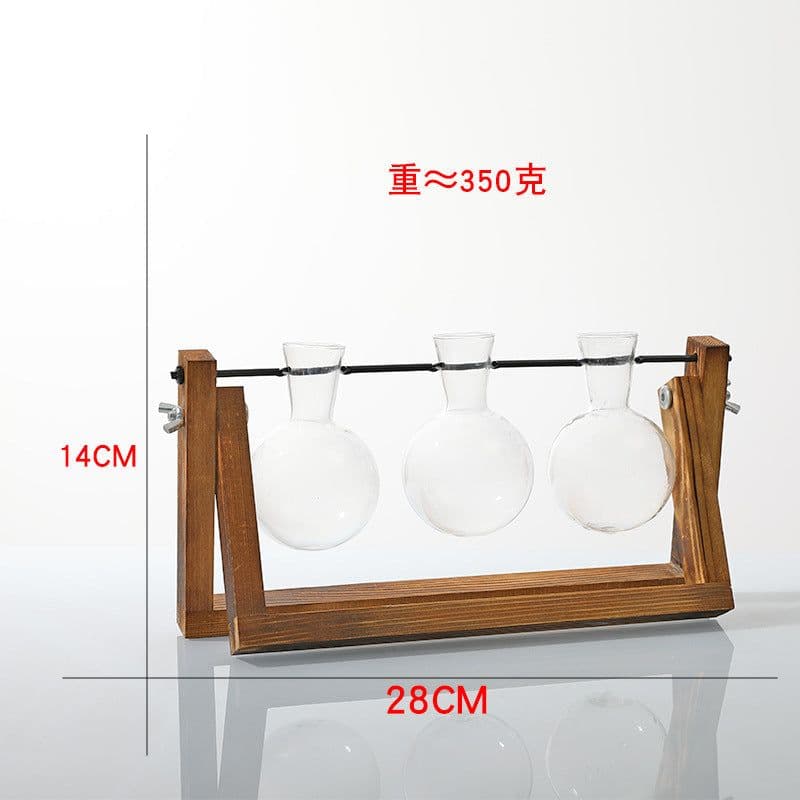 image-Glass Hydroponic Vase with Wooden Stand Home Office Decoration