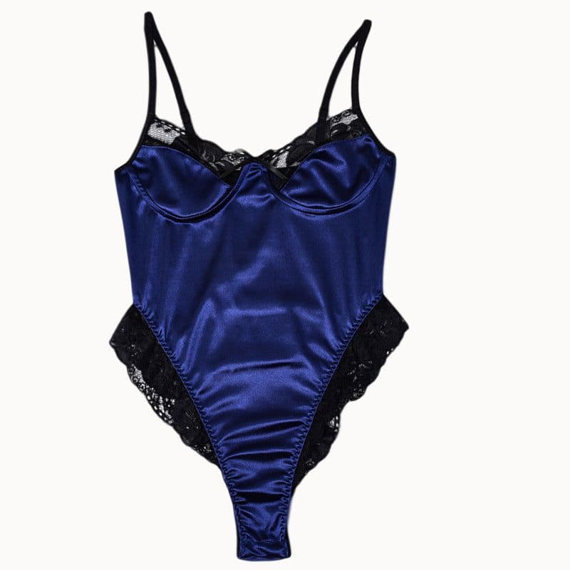 image-Women's Blue Lace Bodysuit Lingerie Polyester One-Piece Size L