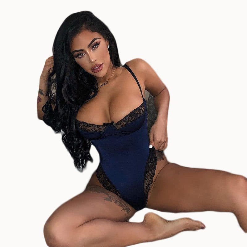 image-Women's Blue Lace Bodysuit Lingerie Polyester One-Piece Size L