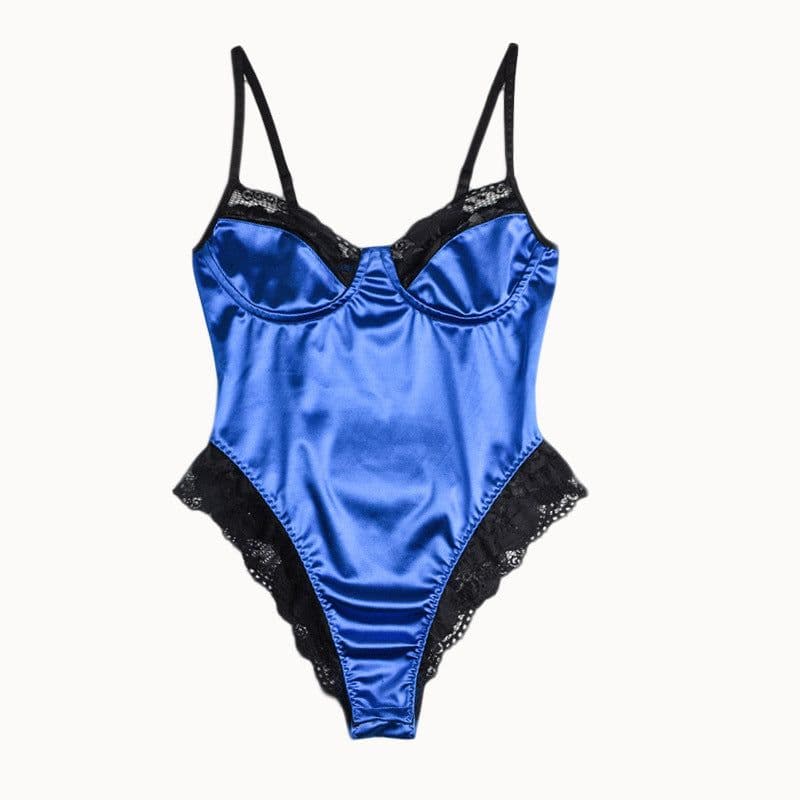 image-Women's Blue Lace Bodysuit Lingerie Polyester One-Piece Size L