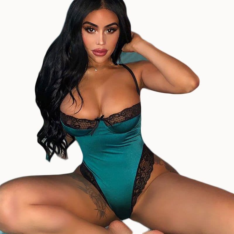 image-Women's Blue Lace Bodysuit Lingerie Polyester One-Piece Size L