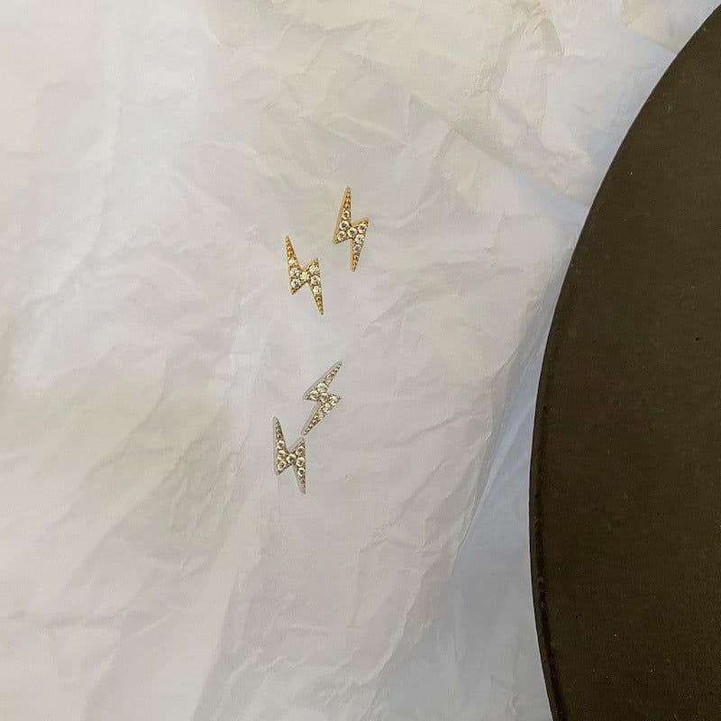 image-S925 Silver Lightning Bolt Stud Earrings Mini Diamond Unisex