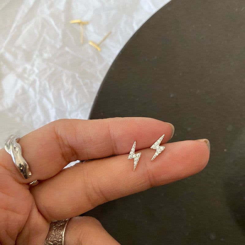 image-S925 Silver Lightning Bolt Stud Earrings Mini Diamond Unisex
