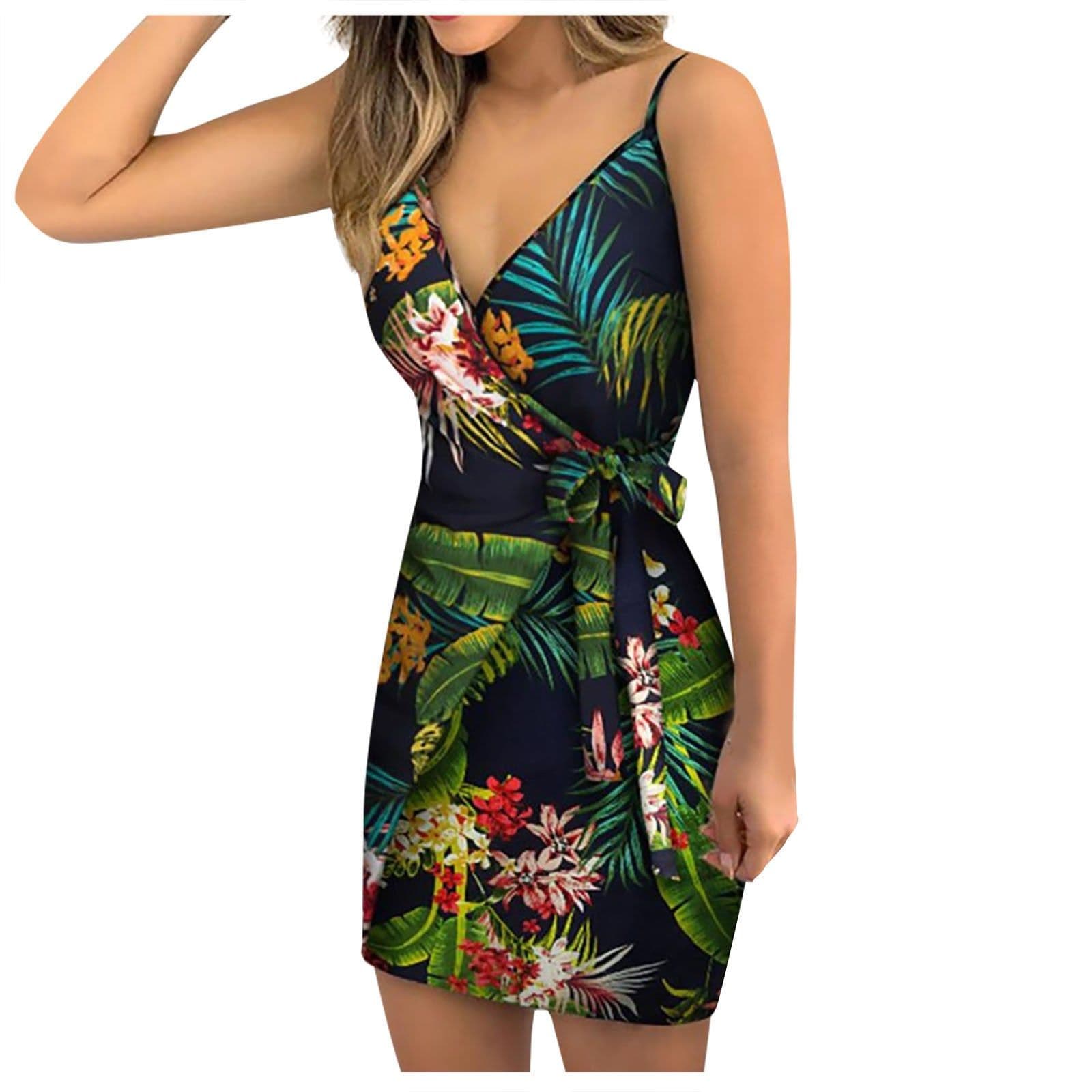 image-Women's Black Printed Sling Mini Dress High Waist Polyester