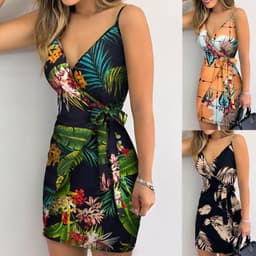 image-Women's Black Printed Sling Mini Dress High Waist Polyester