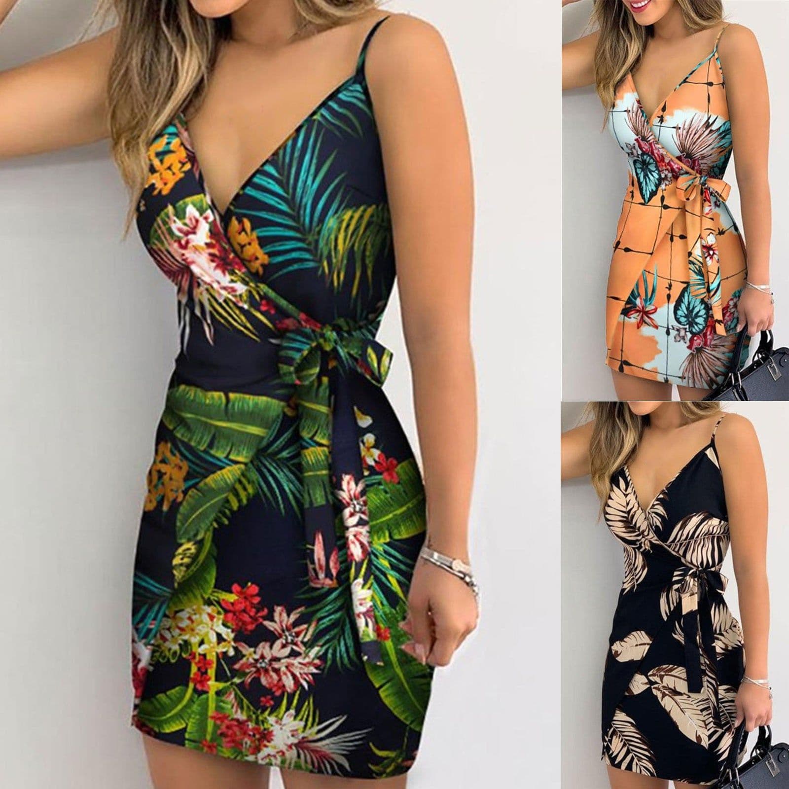 image-Women's Black Printed Sling Mini Dress High Waist Polyester