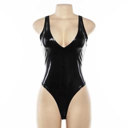 image-Women's Black PU Leather Bodysuit Shaping One-Piece Stretch Top