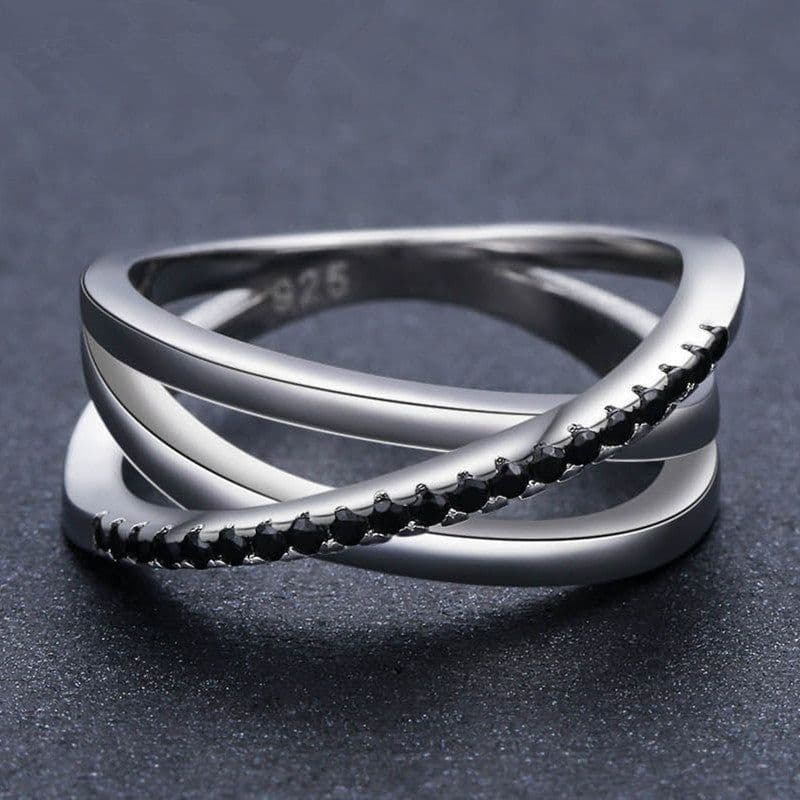 image-Cao Shi Geometric Black Zircon Gold-Plated Ring for Women