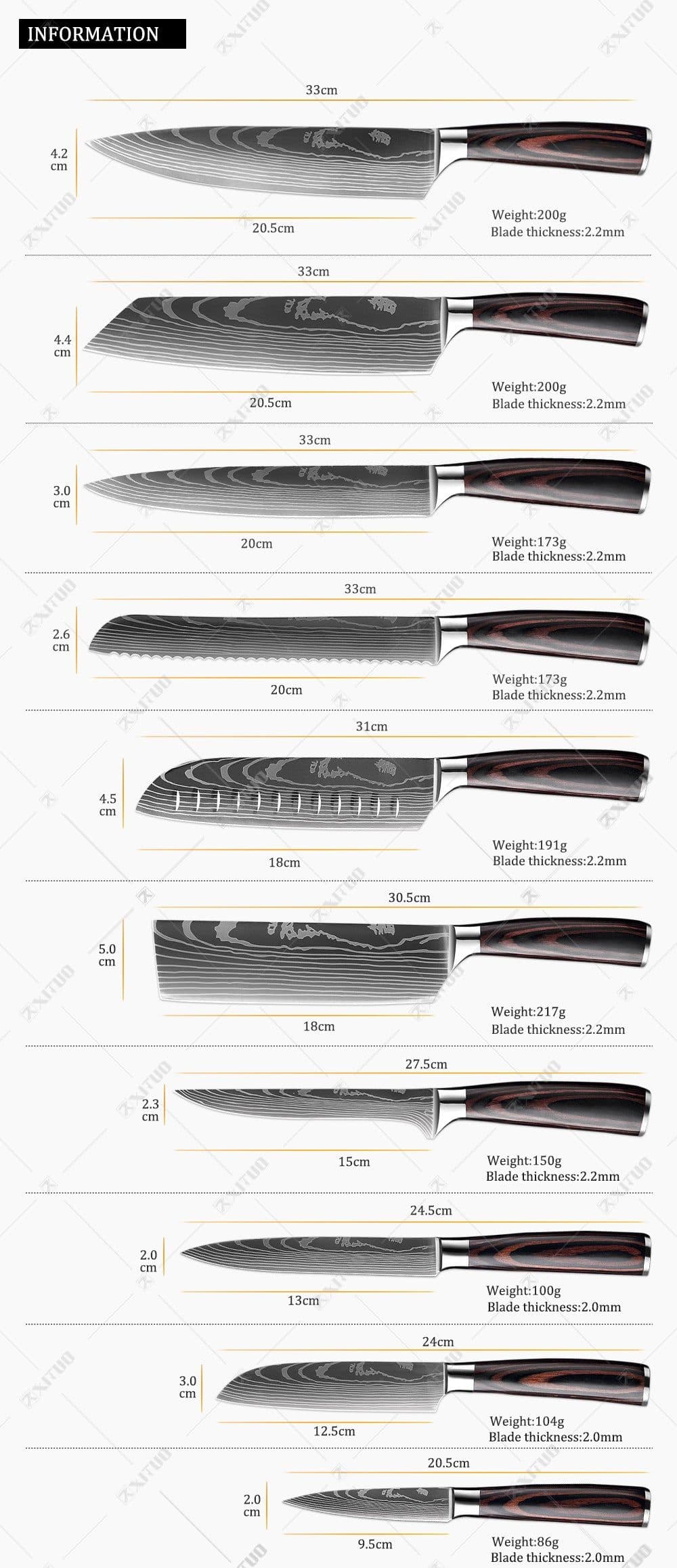 image-Damascus Steel Kitchen Knife Set 10-Piece Stainless Steel
