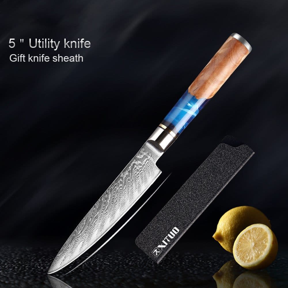 image-Damascus Steel Kitchen Knife Set 7PC 9Cr18 Chef Slicing Knives