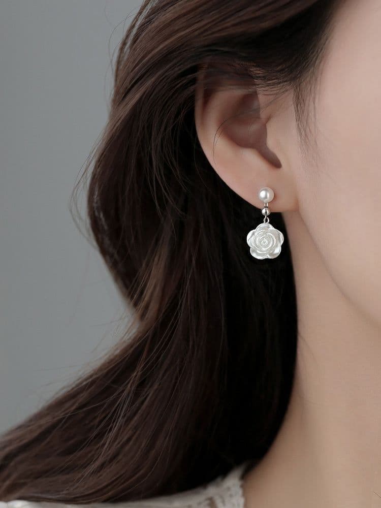image-925 Silver Needle Camellia Earrings for Women