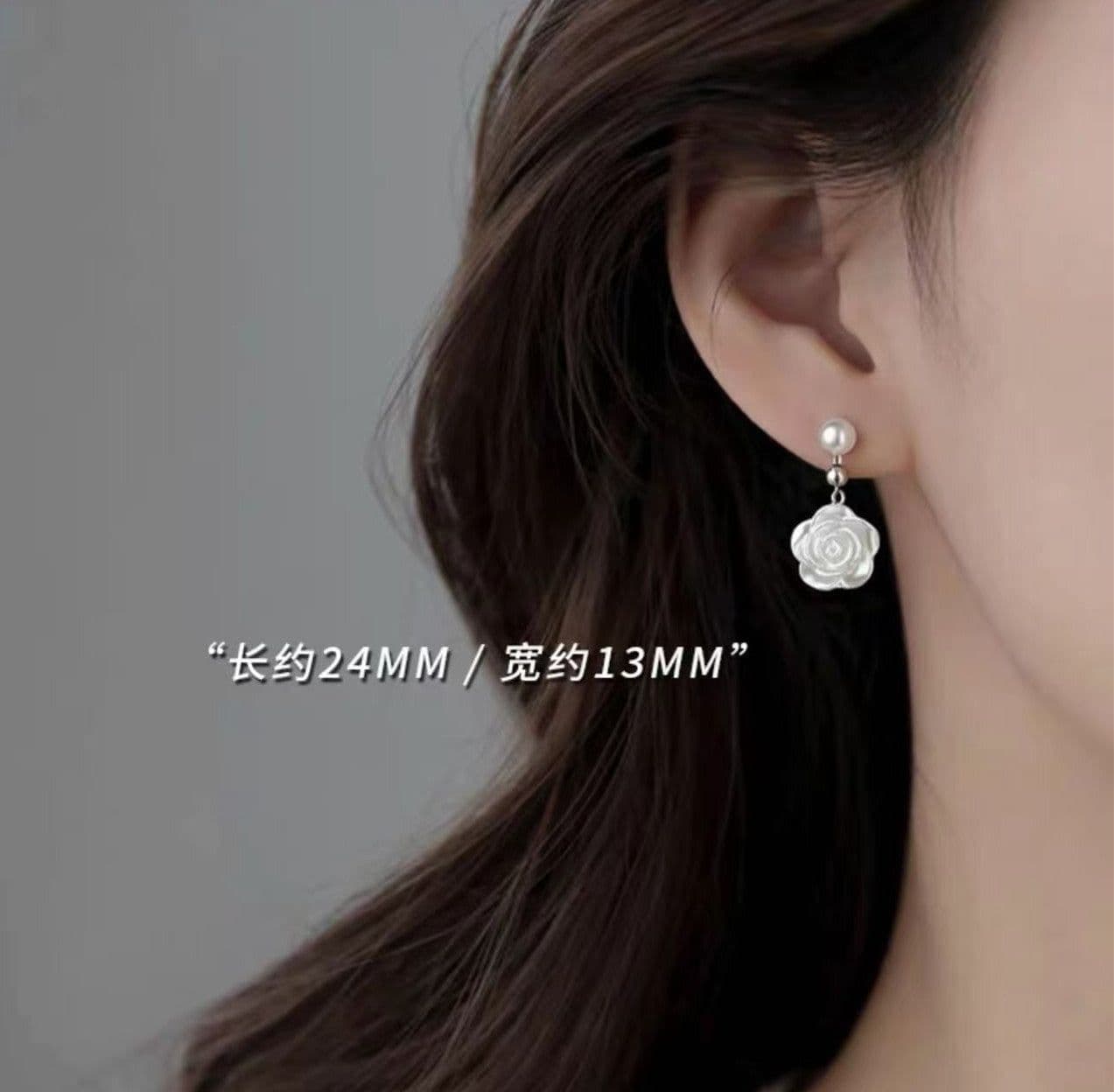 image-925 Silver Needle Camellia Earrings for Women