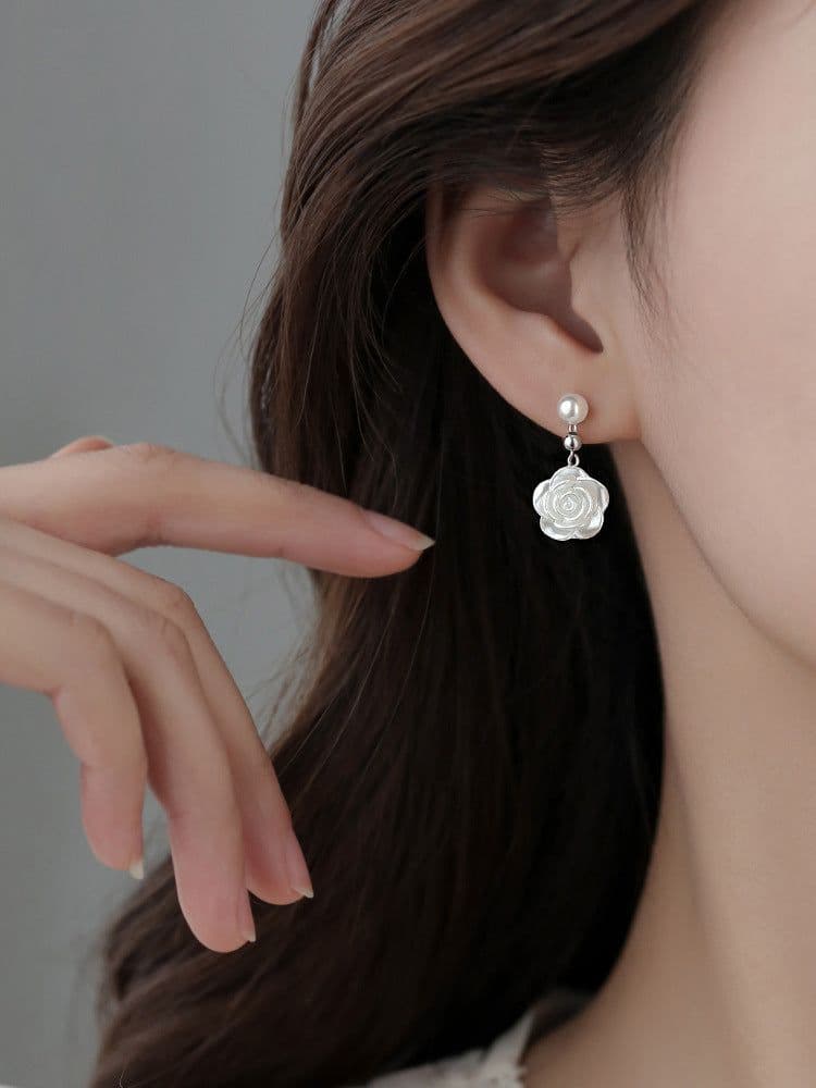 image-925 Silver Needle Camellia Earrings for Women