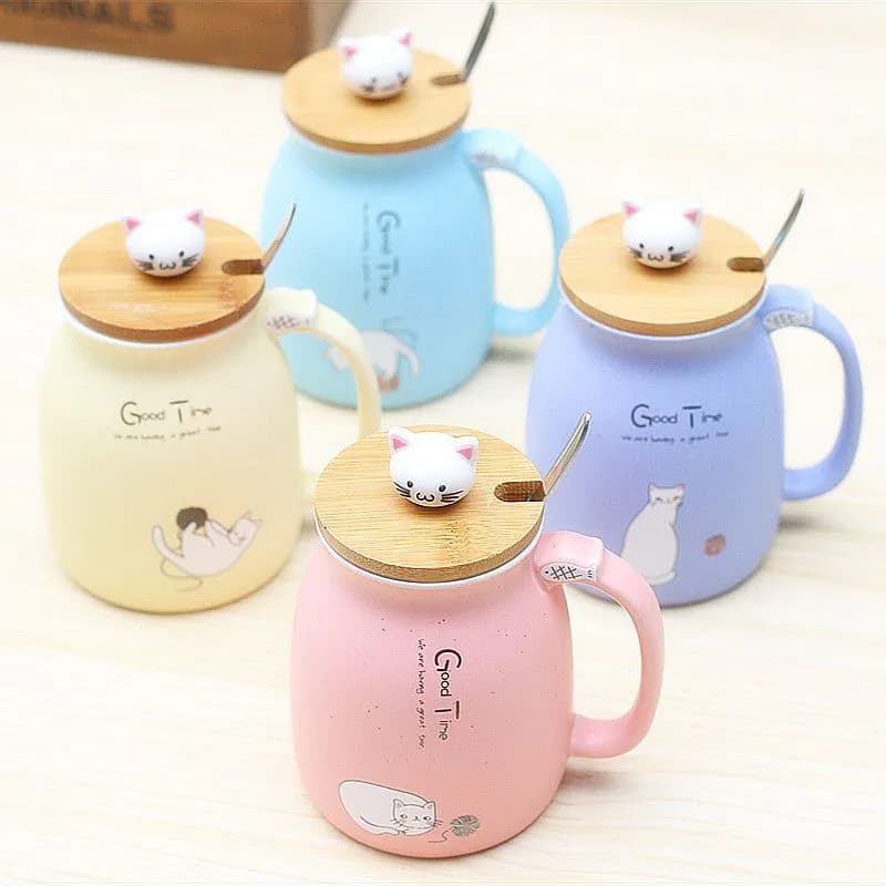 image-Ceramic Cartoon Cat Mug with Lid and Spoon 420ml