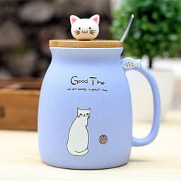 image-Ceramic Cartoon Cat Mug with Lid and Spoon 420ml