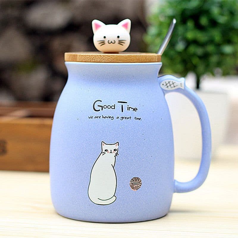 image-Ceramic Cartoon Cat Mug with Lid and Spoon 420ml