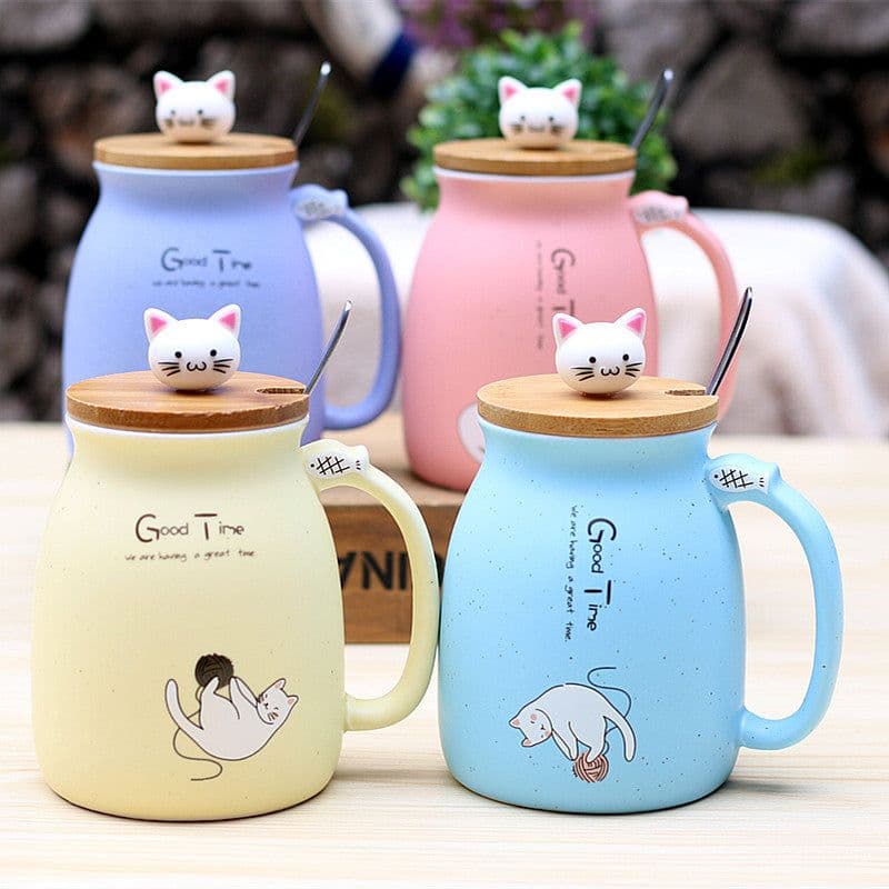 image-Ceramic Cartoon Cat Mug with Lid and Spoon 420ml