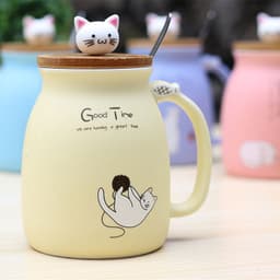 image-Ceramic Cartoon Cat Mug with Lid and Spoon 420ml