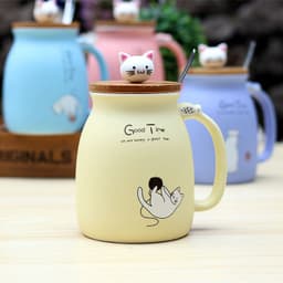 image-Ceramic Cartoon Cat Mug with Lid and Spoon 420ml