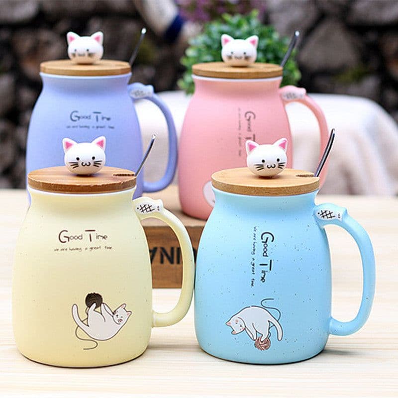 image-Ceramic Cartoon Cat Mug with Lid and Spoon 420ml