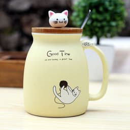 image-Ceramic Cartoon Cat Mug with Lid and Spoon 420ml