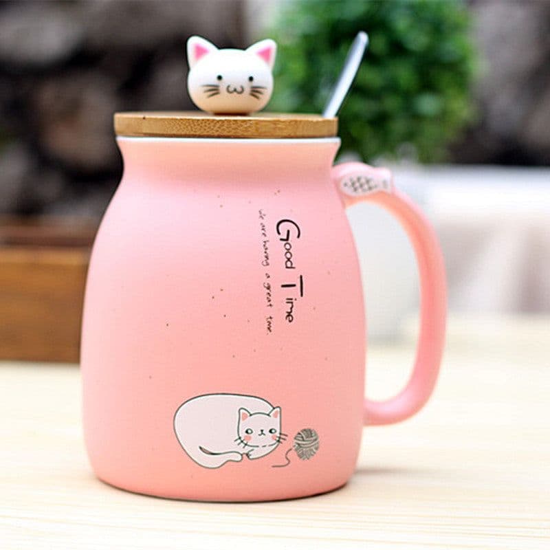 image-Ceramic Cartoon Cat Mug with Lid and Spoon 420ml