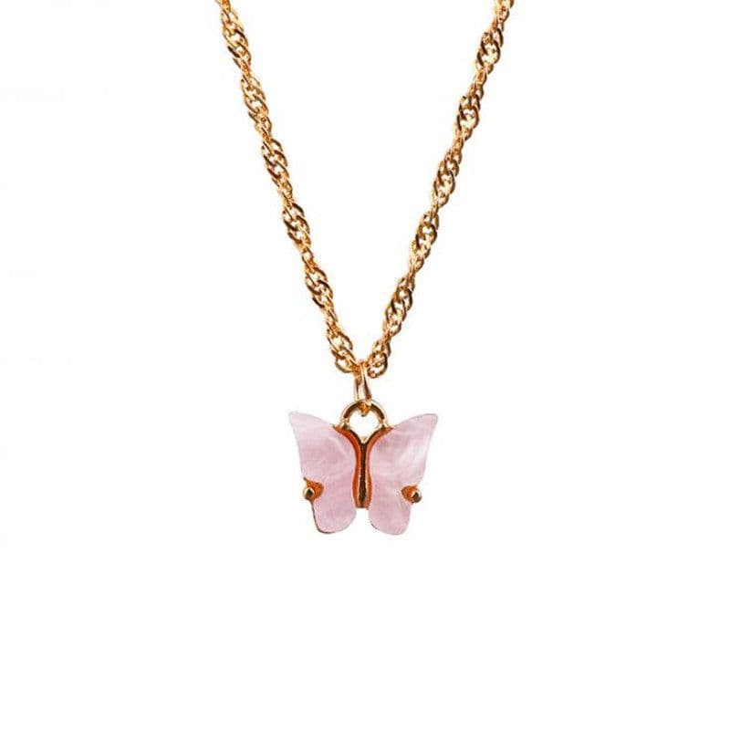 image-Korean Butterfly Pendant Necklace Women Acrylic Alloy Pink