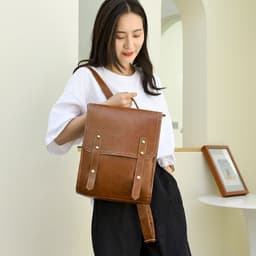 image-Women's PU Leather Backpack Brown Multi-Compartment Travel Bag