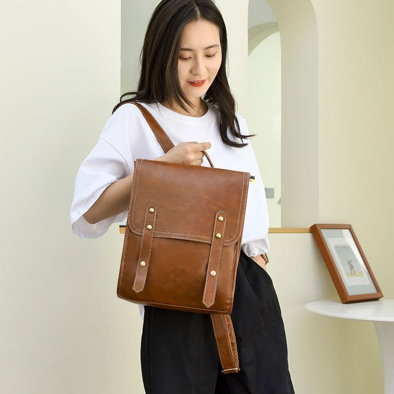 image-Women's PU Leather Backpack Brown Multi-Compartment Travel Bag