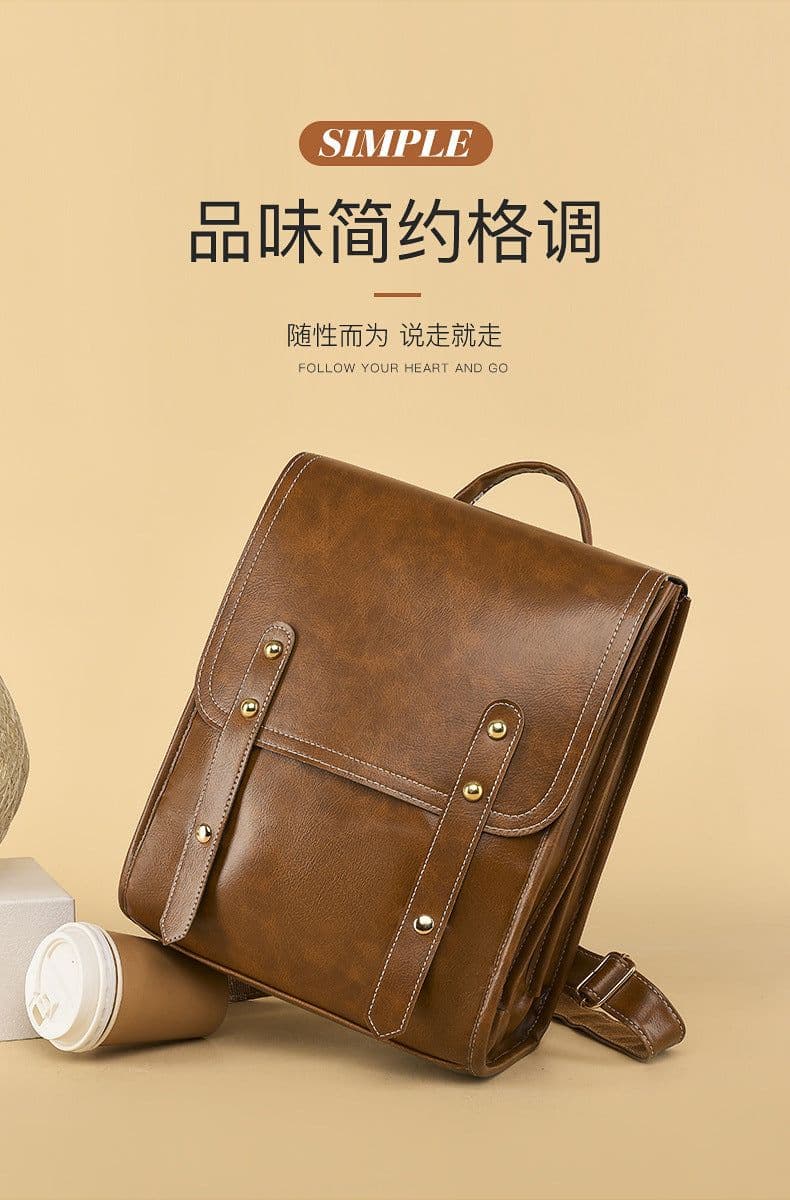 image-Women's PU Leather Backpack Brown Multi-Compartment Travel Bag