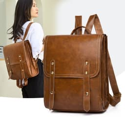 image-Women's PU Leather Backpack Brown Multi-Compartment Travel Bag
