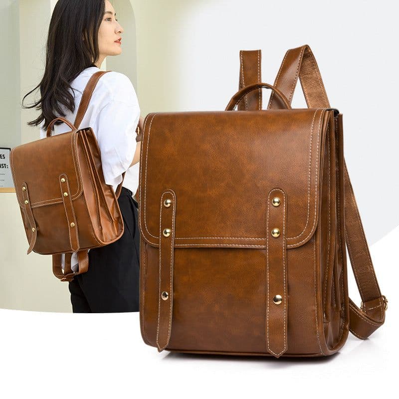 image-Women's PU Leather Backpack Brown Multi-Compartment Travel Bag