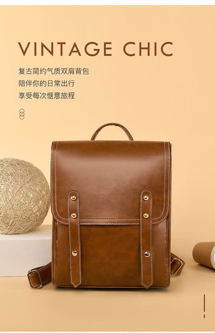 image-Women's PU Leather Backpack Brown Multi-Compartment Travel Bag