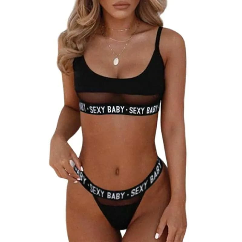 image-Women's Black Hollow Three-Piece Lingerie Set Spandex