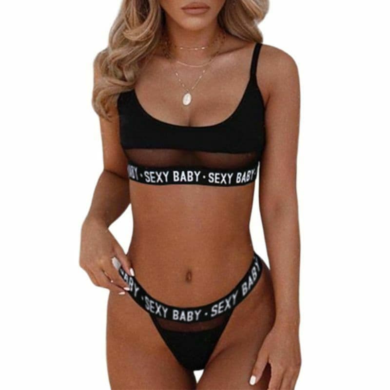 image-Women's Black Hollow Three-Piece Lingerie Set Spandex