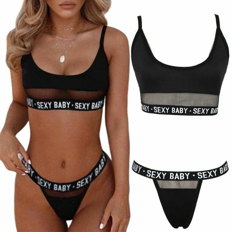 image-Women's Black Hollow Three-Piece Lingerie Set Spandex