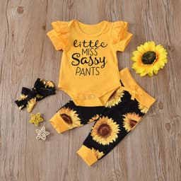 image-Kids Yellow Sunflower Letter Print Romper 3-Piece Set Short Sleeve
