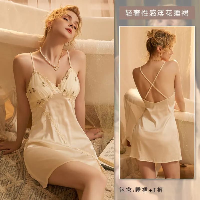 image-Yiying 3066 Floral Nightdress Pajama Set with Chest Pads