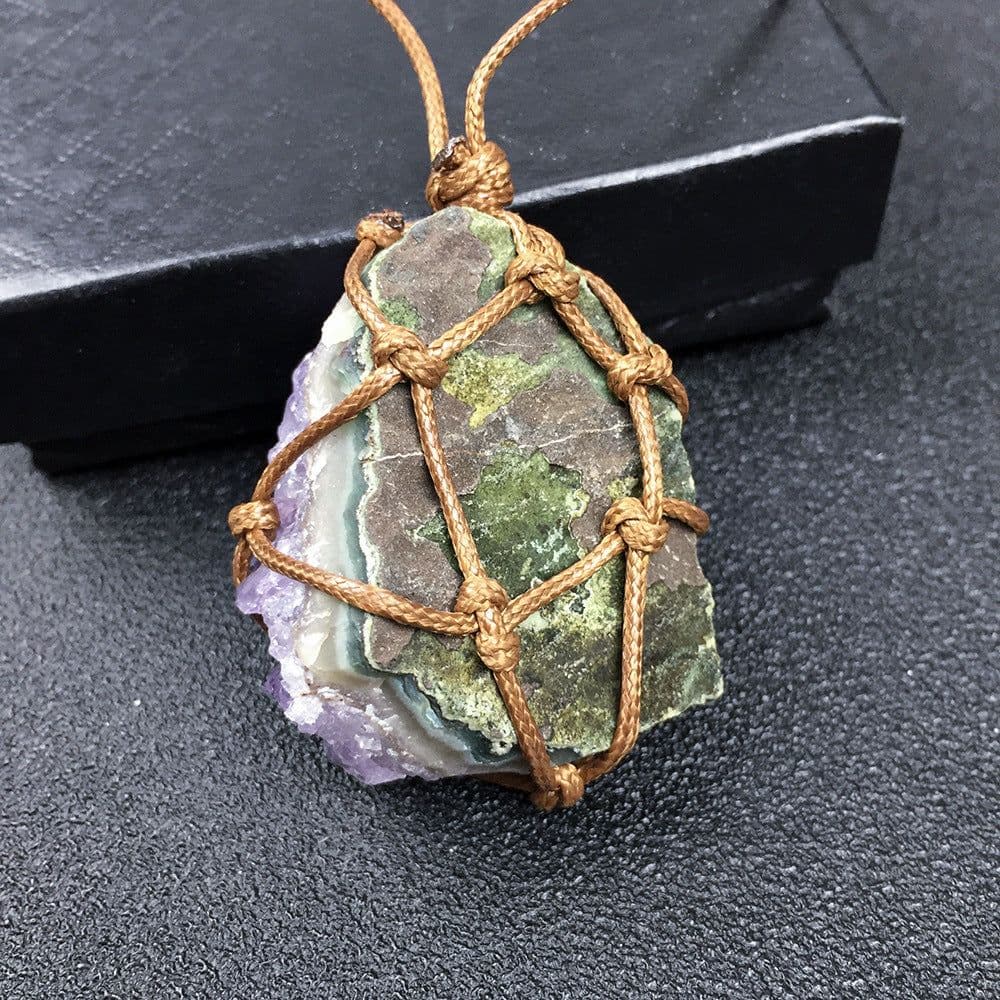image-Natural Uruguay Amethyst Rough Stone Woven Pendant Necklace