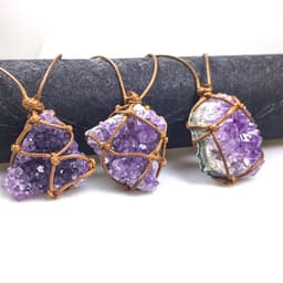 image-Natural Uruguay Amethyst Rough Stone Woven Pendant Necklace